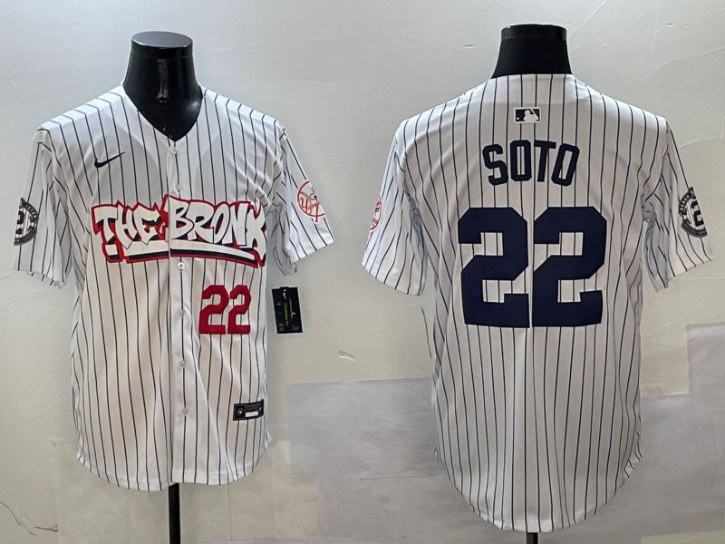 Men New York Yankees 22 Soto White Stripe four generations Joint Name 2025 Nike MLB Jersey style 4